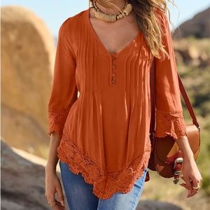 Venus Burnt Orange Crochet-Trim Pleated A-Line TopLace Detail Button-Up Too Sz S